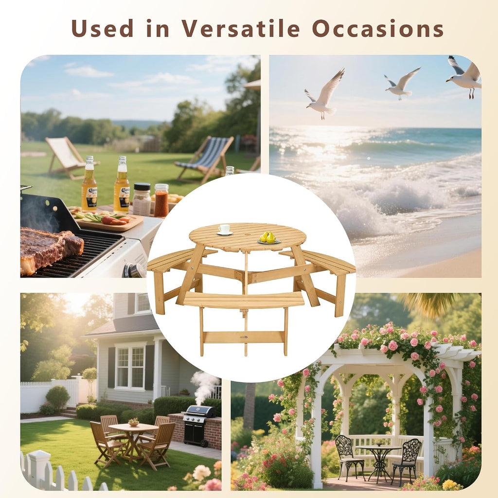 Round 6 Person Outdoor Picnic Table with 3 Built-in Benches