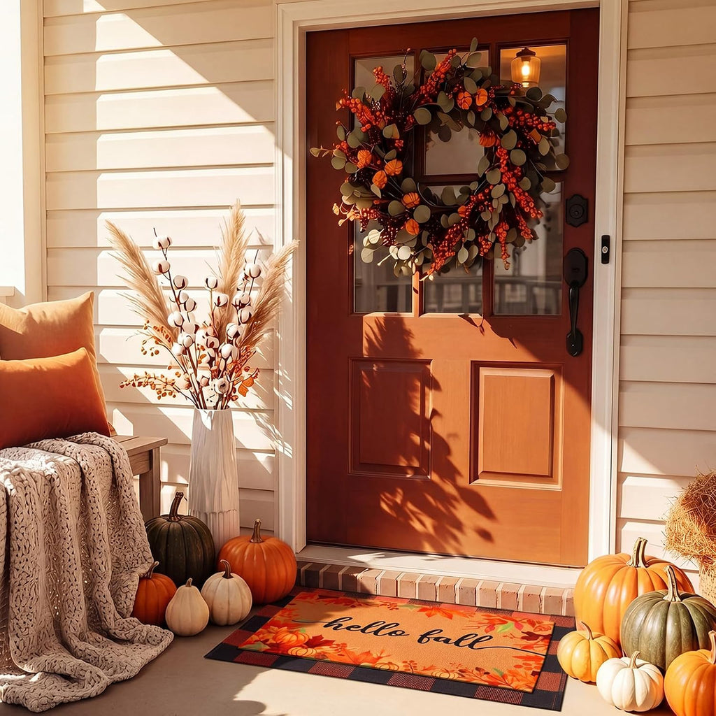 2 Pack Hello Fall Welcome Doormat, Orange Black Checkered Mat Non Slip