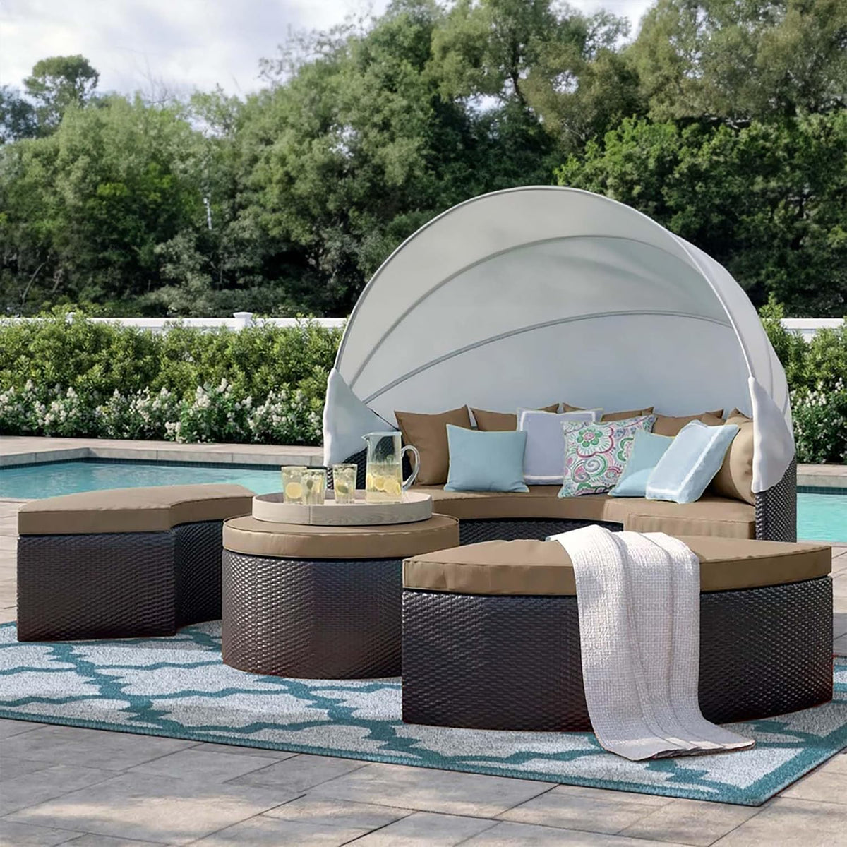 Modway Convene Wicker Rattan Outdoor Patio Retractable Canopy Round Poolside Sectional Sofa Daybed with Cushions in Espresso Mocha