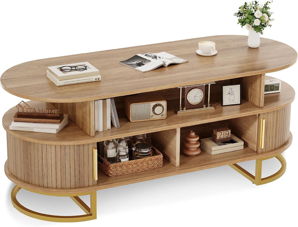YITAHOME 47.2" Oval Coffee Table with Sliding Doors, Storage, Natural Oak