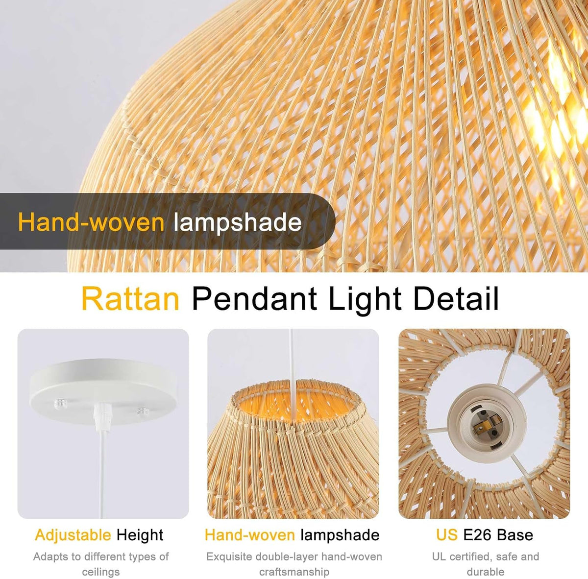 large rattan pendant light, 19.7" rattan boho wicker, close-up detail