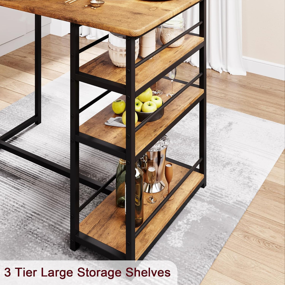 bar table and chair set with 3 shelves, side view