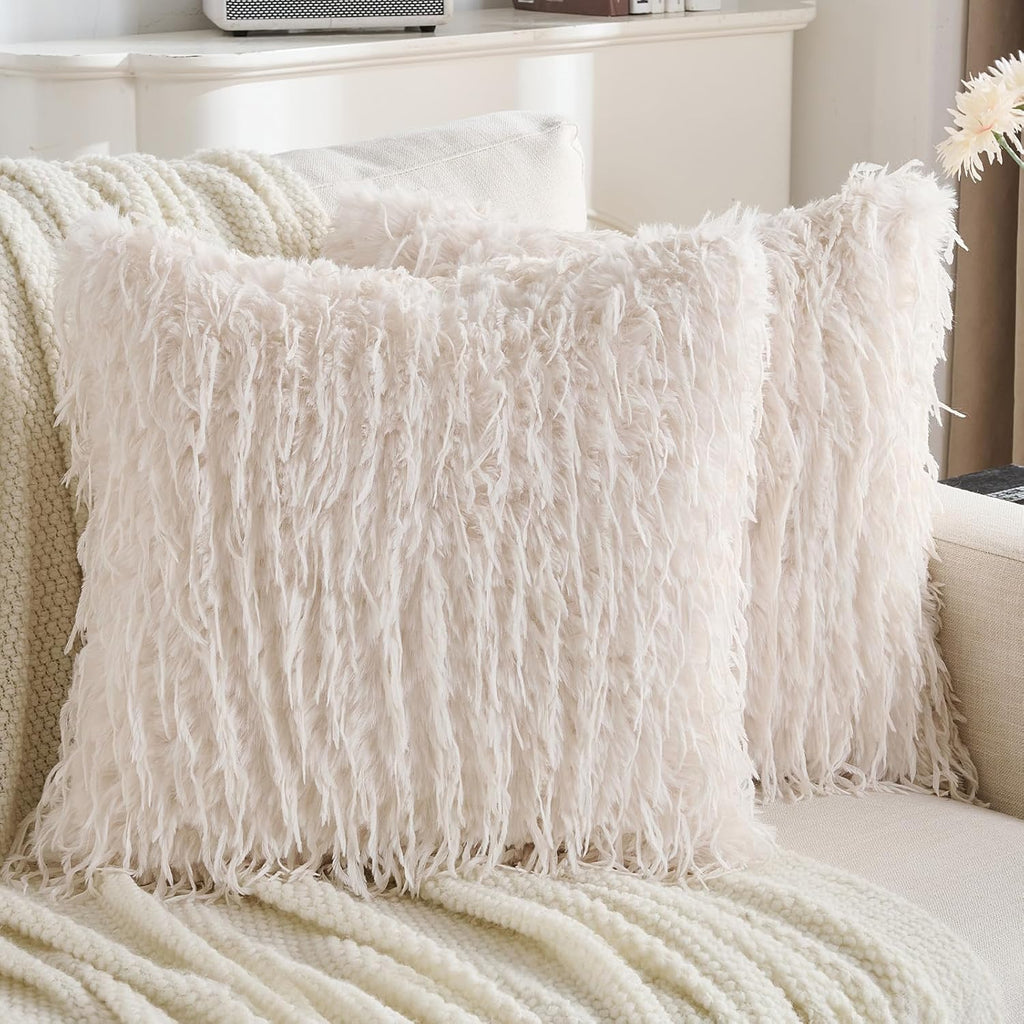 FUTEI Pack of 2 Fluffy Faux Fur Throw Pillow Covers 18x18 Inch, Cream White