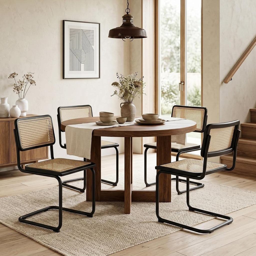 Flouki Rattan Dining Chairs Set of 4, Boho Accent Chairs for Kitchen Room with Natural Cane Mesh, Mid Century Cantilever Design, Solid Rubber Wood