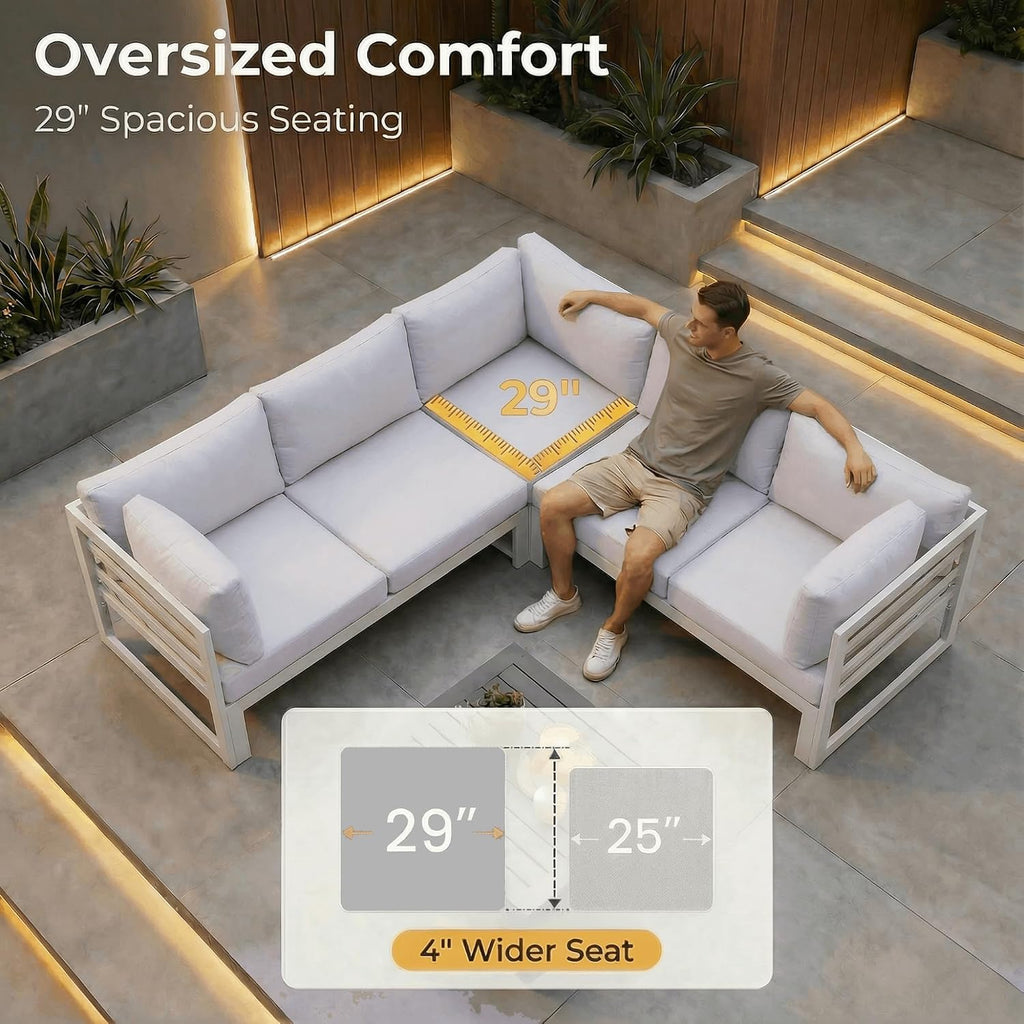 NICESOUL 7 Piece White Powder-Coated Aluminum Patio Furniture with Fire Pit Table, 29 Inch Extra Wide Outdoor Sectional Sofa for 6, High-End Heavy Duty L-Shaped Large Couch for Backyard, Light Gray