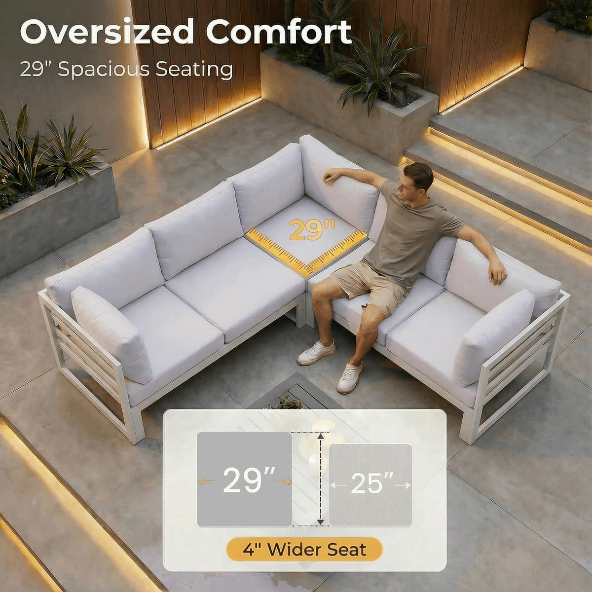 NICESOUL 7 Piece White Powder-Coated Aluminum Patio Furniture with Fire Pit Table, 29 Inch Extra Wide Outdoor Sectional Sofa for 6, High-End Heavy Duty L-Shaped Large Couch for Backyard, Light Gray