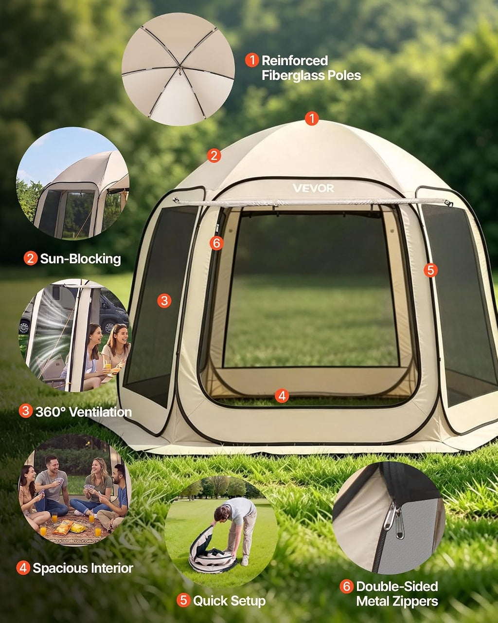 Pop Up Screen House Tent VEVOR 10 x 9.2 FT Pop-Up Screen Room with Awning, Portable Screen Tent Gazebo for 4–8 Person, Instant Screen Canopy with Carry Bag for Patio Backyard Camping