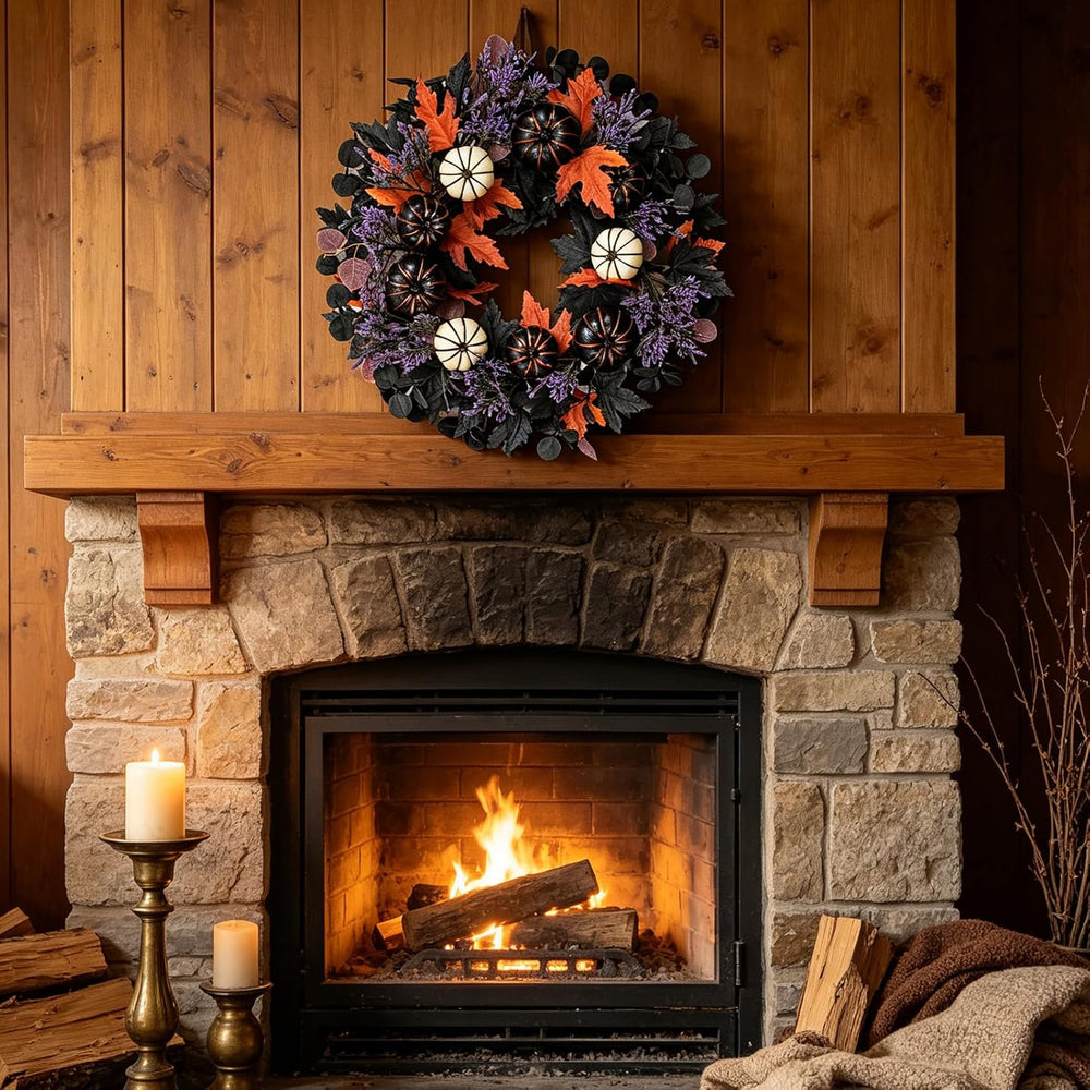 22" Halloween Wreaths for Front Door Black White Pumpkins Fall Wreath