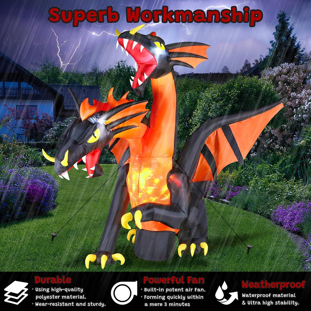 FunFanso 9.5 FT Giant Halloween Inflatable Double Headed Dragon, Blow up Festival Yard Outdoor Decorations with Built-in Bright LED Lights for Garden Lawn Garden Patio Holiday Party Decor