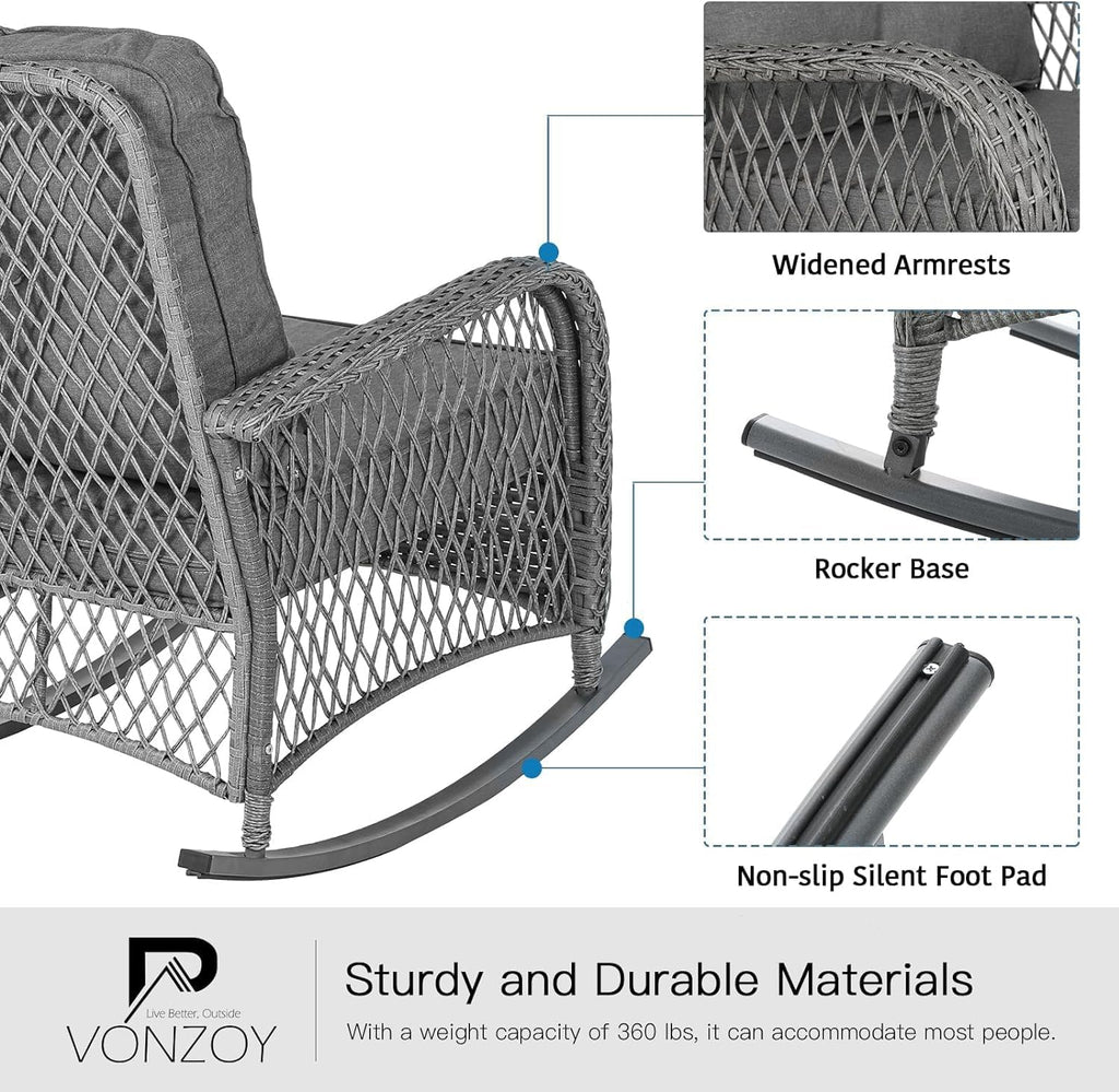 Patio Furniture Set 3 Pieces, Wicker Outdoor Rocking Bistro Set, Grey