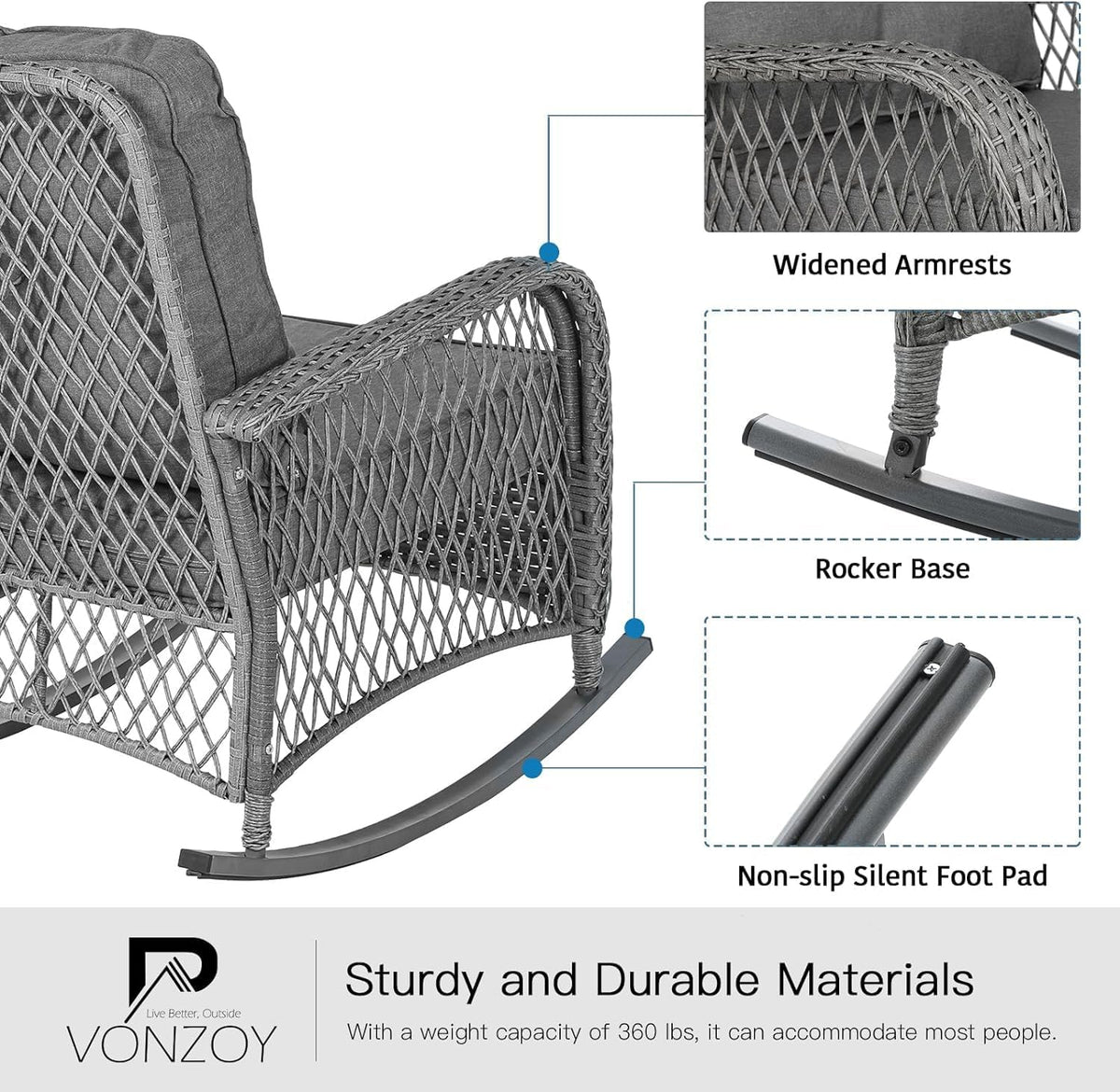 Patio Furniture Set 3 Pieces, Wicker Outdoor Rocking Bistro Set, Grey
