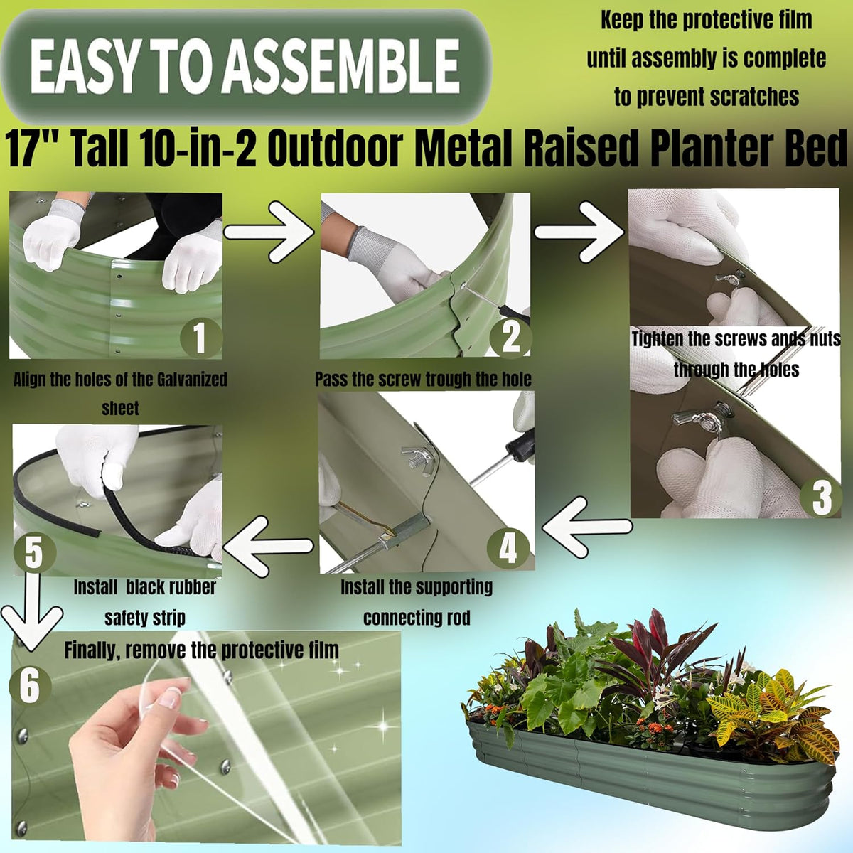 NestNature 17" Tall Galvanized Garden Bed,10-in-2 Modular Raised Garden Bed