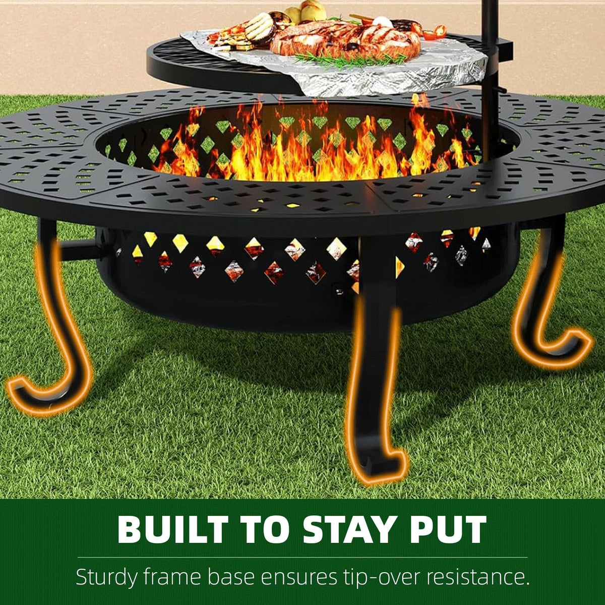 43 Inch Fire Pit with 2 Grill, Wood Burning Firepit with Lid