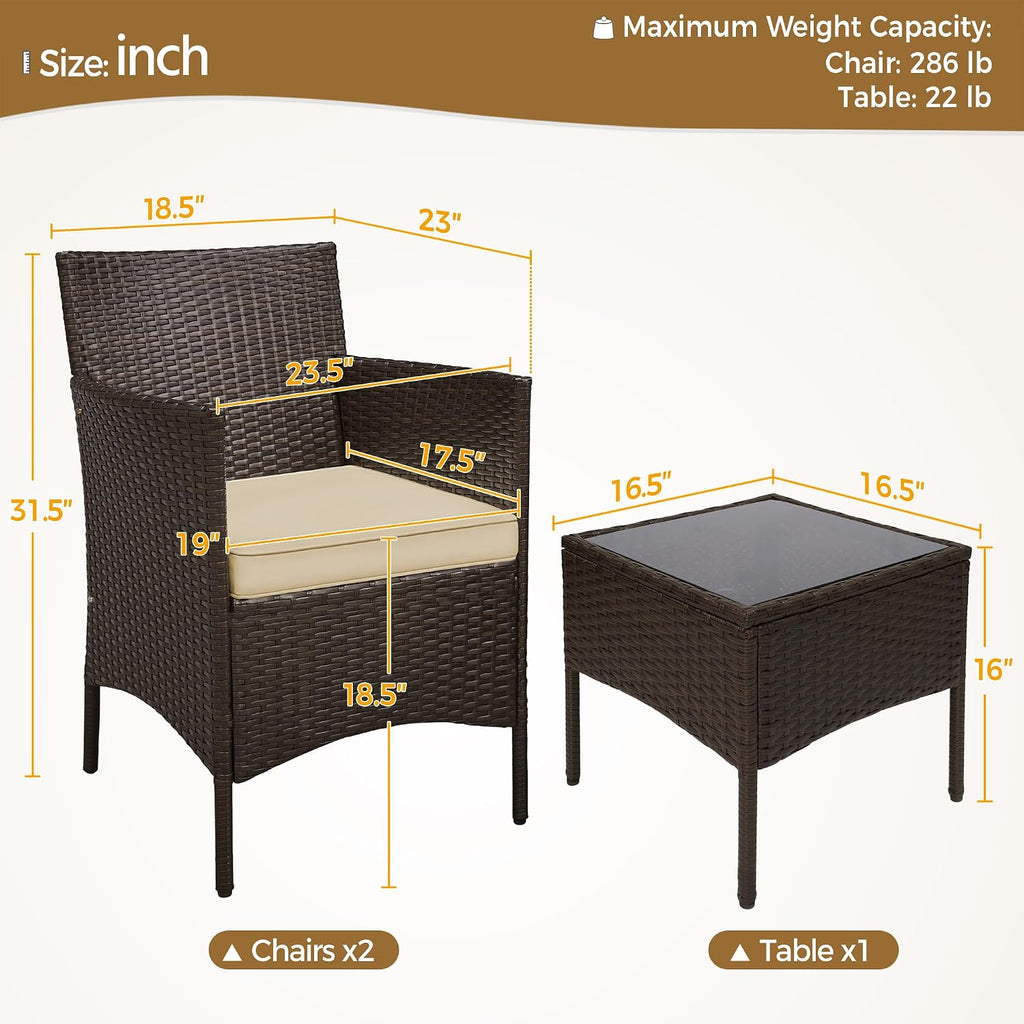 Yaheetech 3 Pieces Patio Porch Furniture Set, Outdoor PE Rattan Wicker Conversation Set with Soft Cushions, Glass Coffee Table & 2 Chairs for Garden/Deck/Courtyard/Poolside, Brown/Khaki