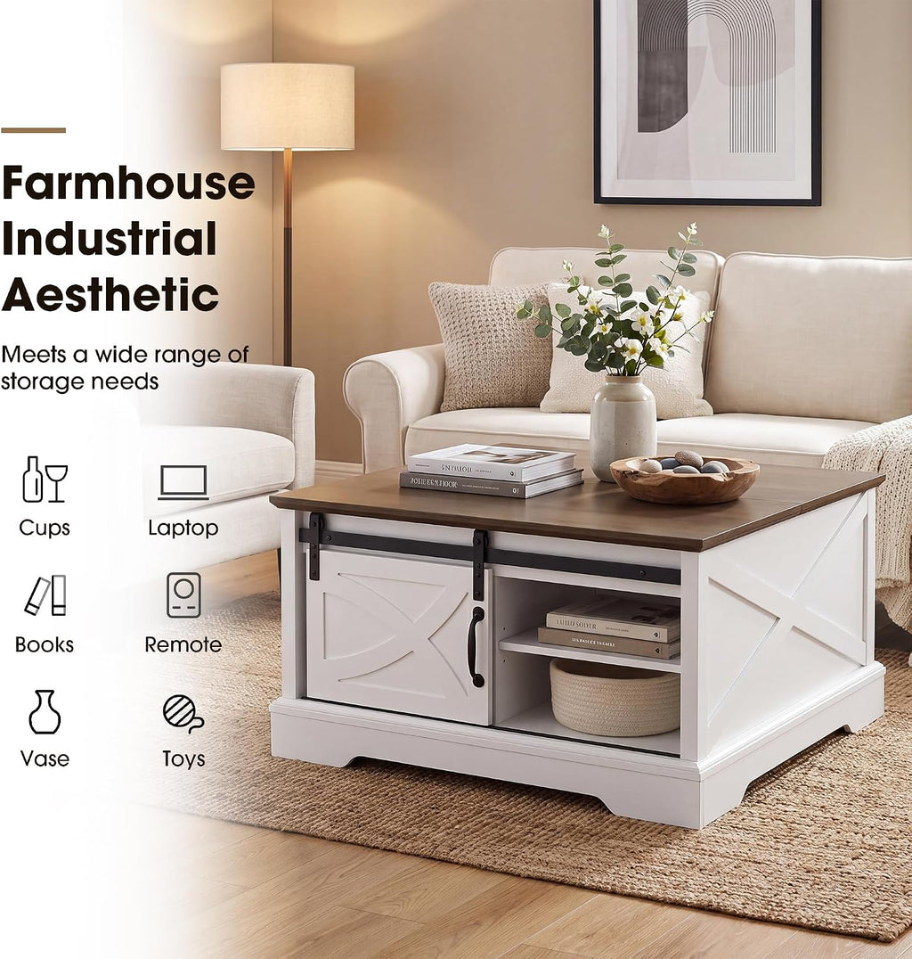 31.5" Farmhouse Coffee Table with Storage, Hinged Lift Top Coffee Table