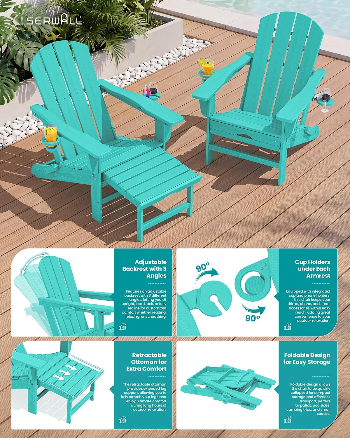 SERWALL HDPE Folding Adjustable Adirondack Chair with Footrest, Aruba