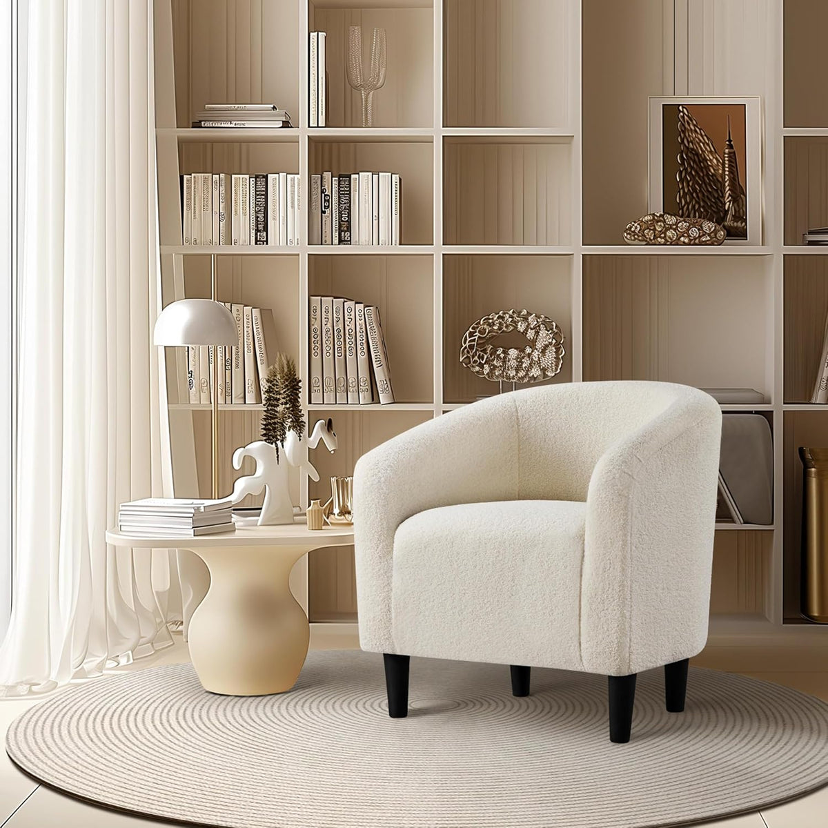 Yaheetech Small 25.5in Wide Sherpa Barrel Accent Chair for Bedroom, Ivory