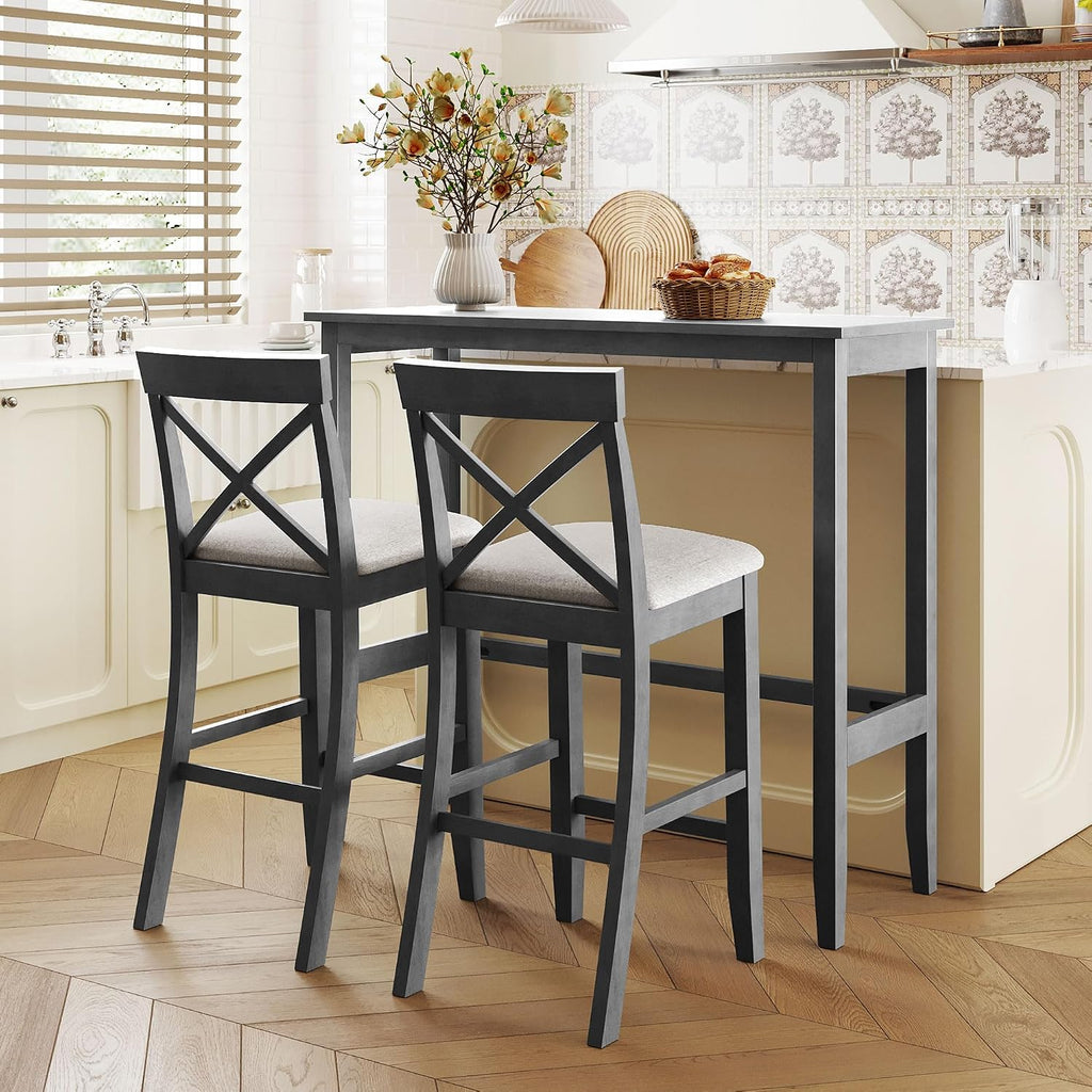 LUMISOL 3 Piece Pub Table and Chair Set, Small Bar Height Kitchen Table and Chairs, Breakfast Nook Table Set, 3 Piece High Top Dining Table for 2, Gray
