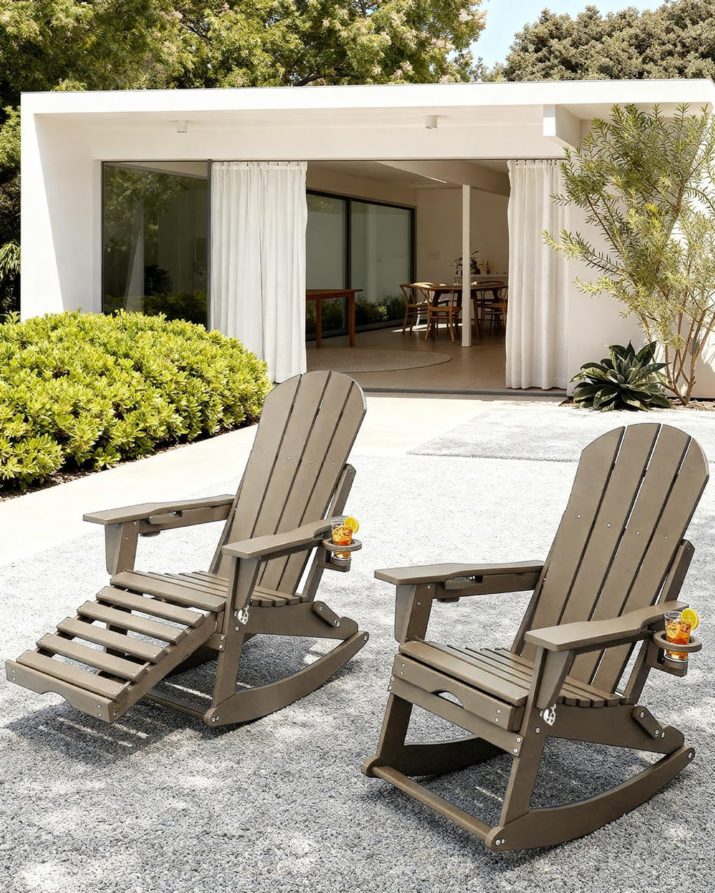 NAVINE Adirondack Rocking Chairs Set of 2 with Retractable Ottoman, Brown