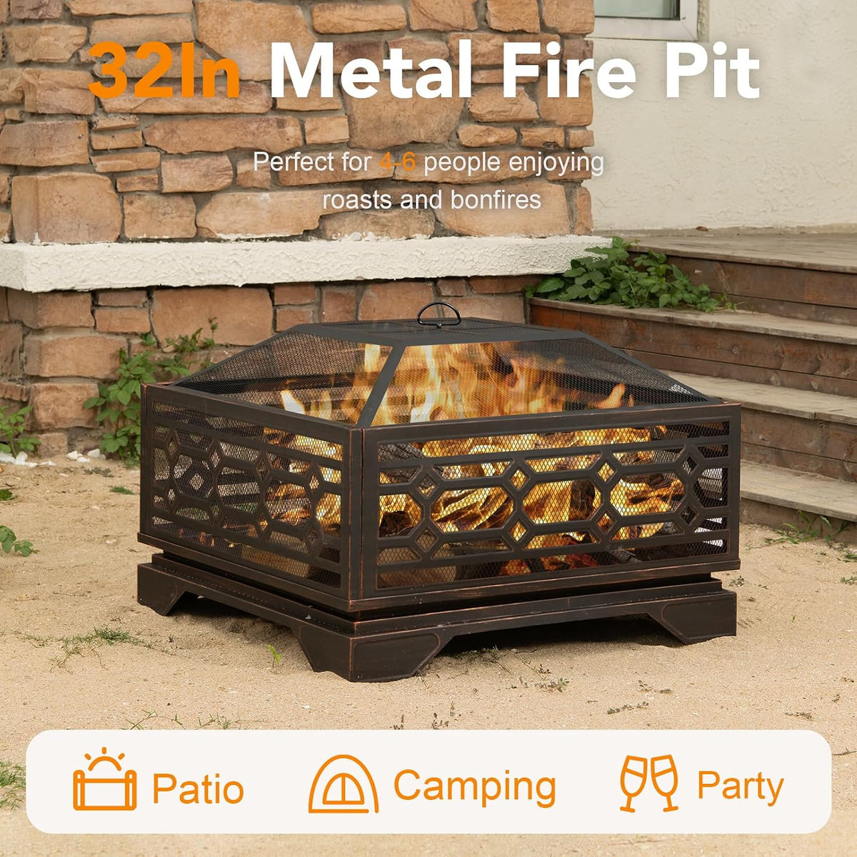 32 inch outdoor fire pit, wood burning outside, close-up detail