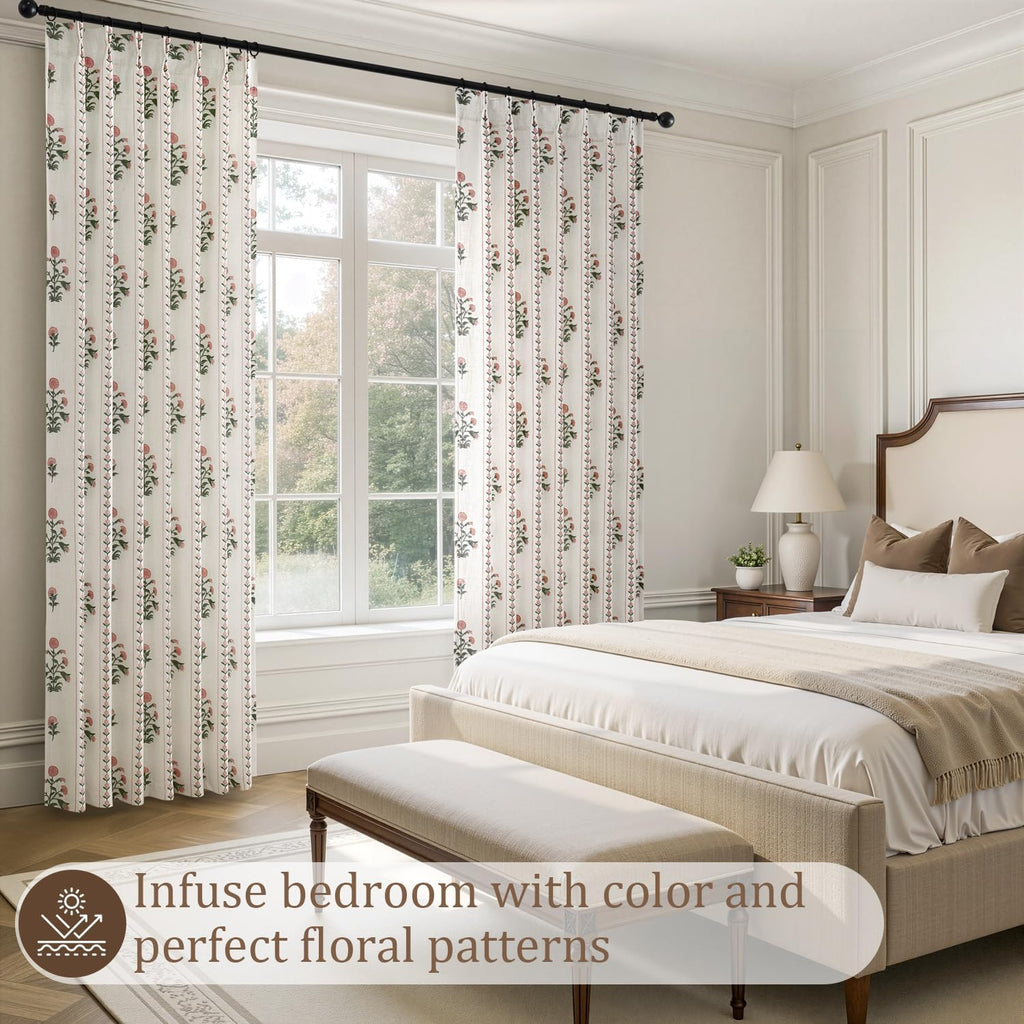 Floral Pinch Pleated Linen Curtains,Pink & White,40" W x 84" L