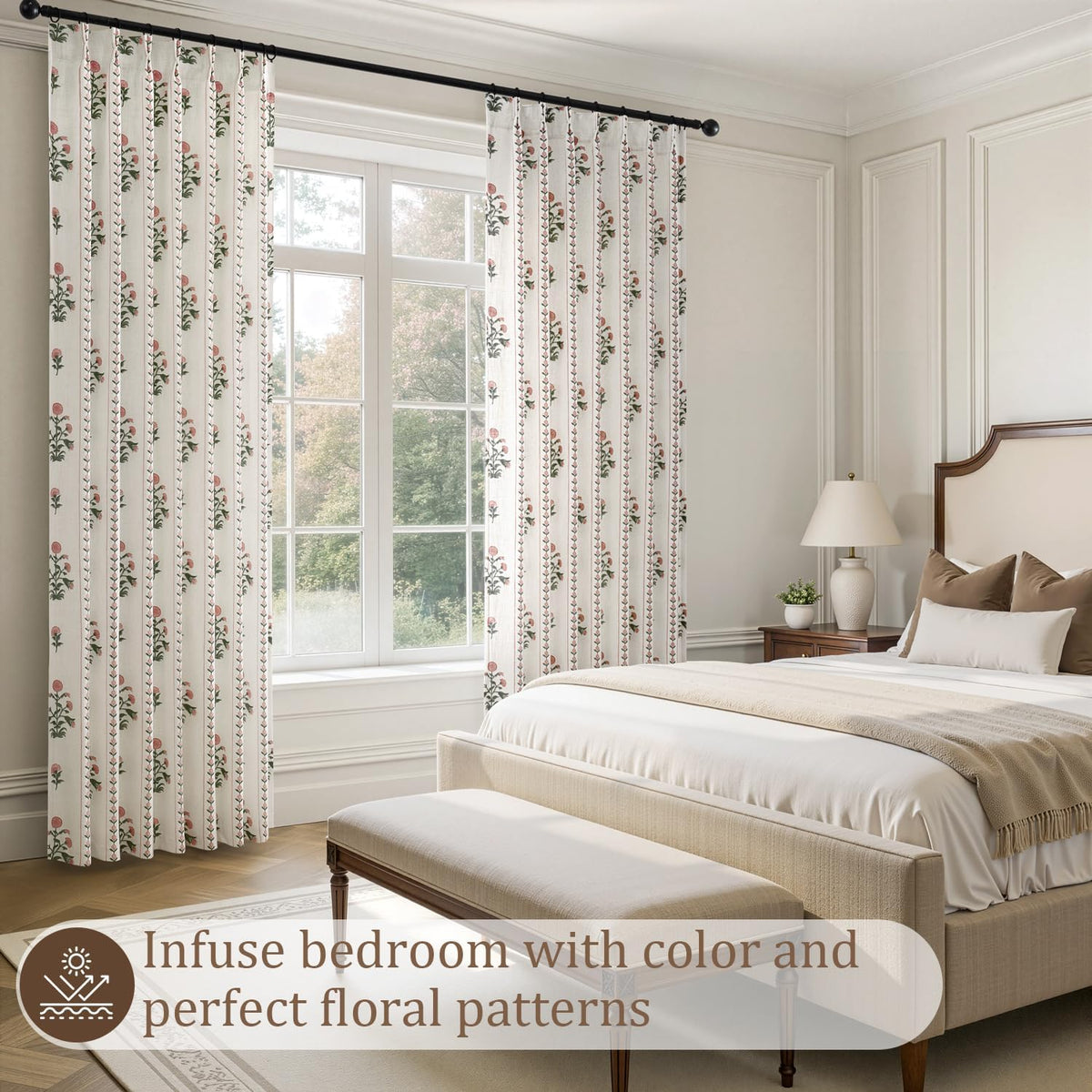 Floral Pinch Pleated Linen Curtains,Pink & White,40" W x 84" L