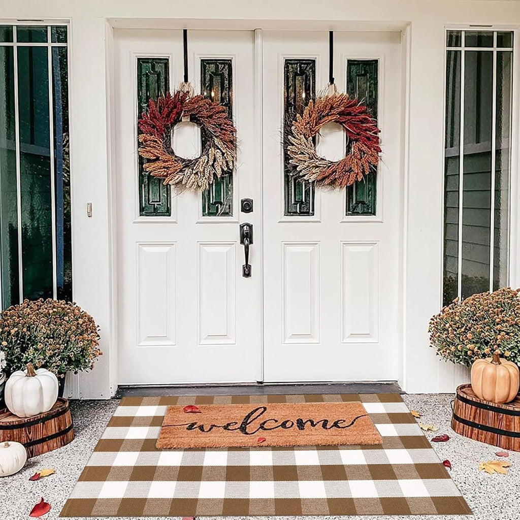 Fall Door Mat 3'x5'Brown and White Buffalo Plaid Rug Fall Front Porch Decor