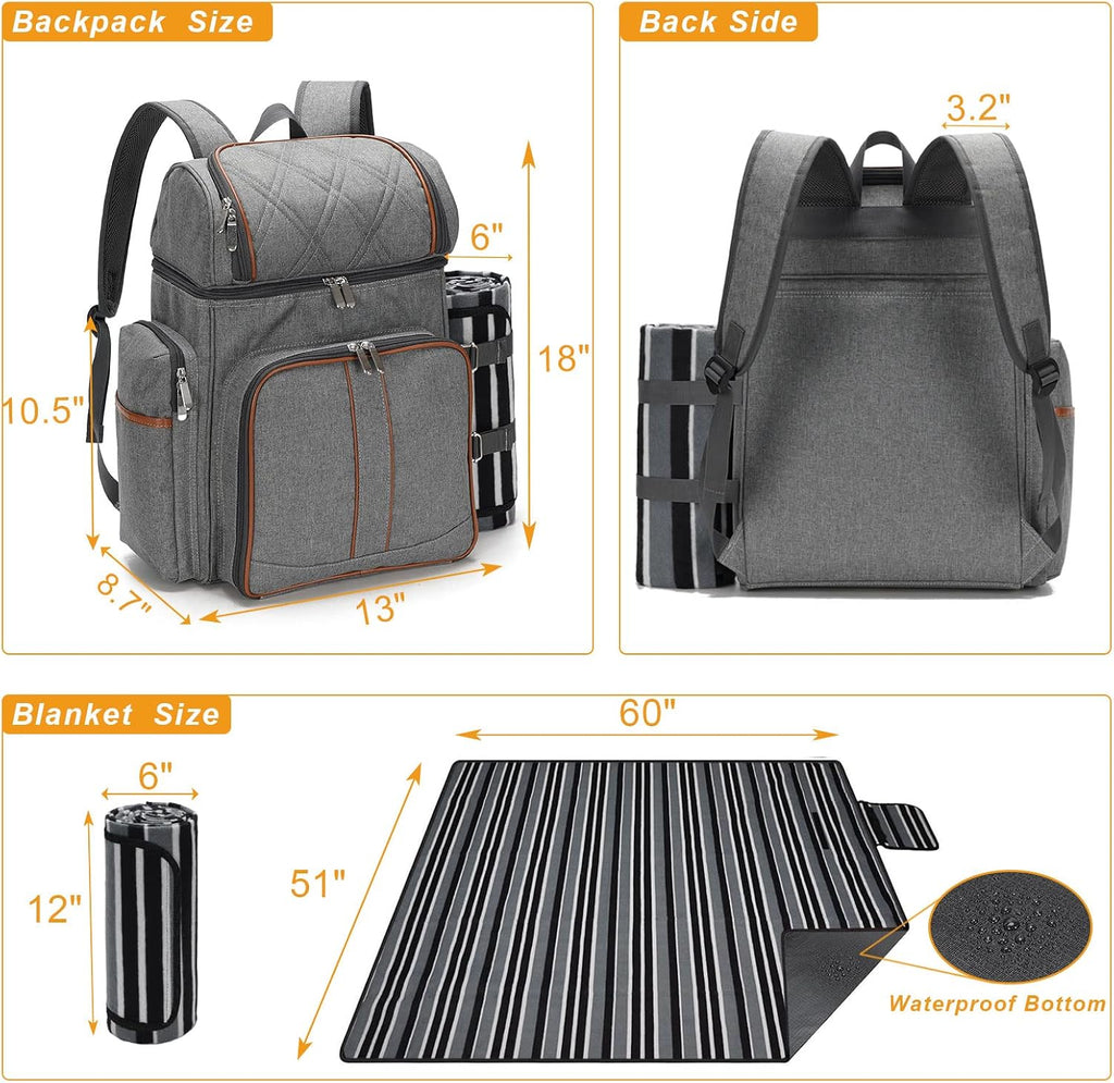 Picnic Backpack for 4, Insulated Cooler Bag with Blanket, Grey