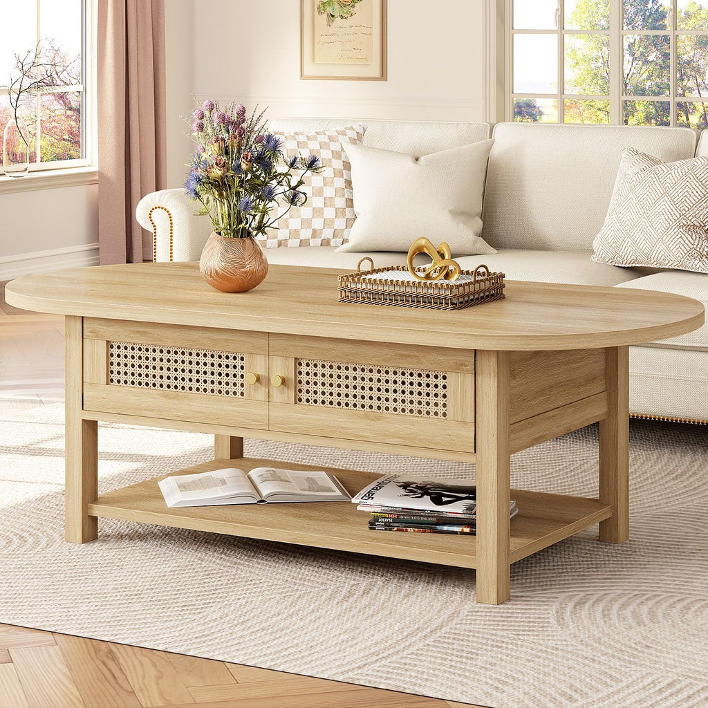 LVB Oval Coffee Table, 47" Rattan Boho Wood Living Room Table with Storage