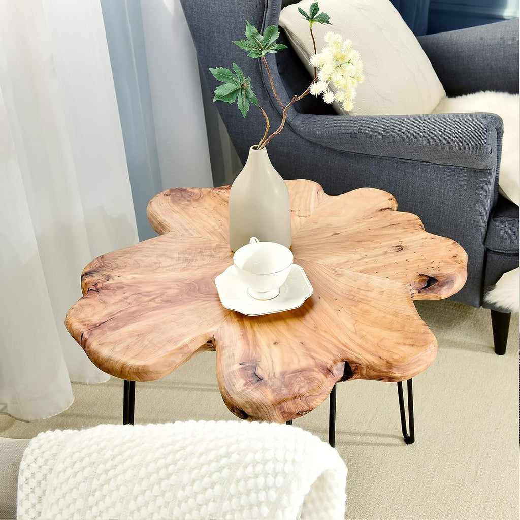 WELLAND Flower-Shaped Live Edge Cedar Coffee Table 32" W x 32" D x 20.5" H