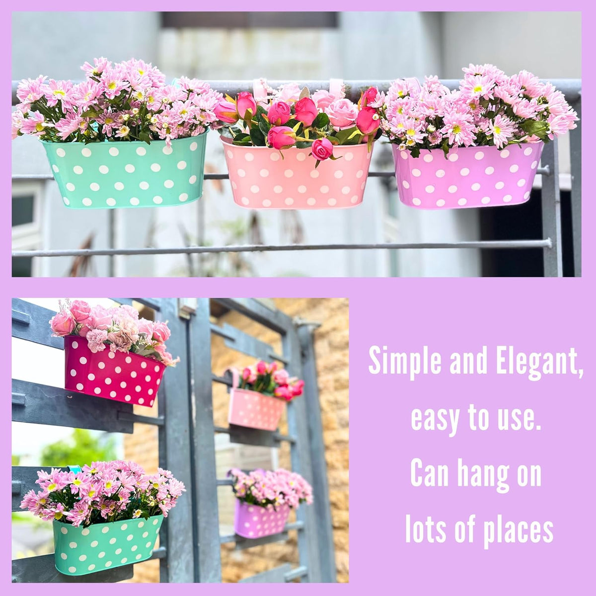 LaLaGreen Colorful Rail Planter (17 in, 6 Pack) Polka Dot Metal Deck Pots