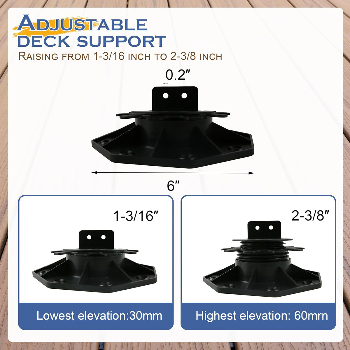adjustable deck support pedestal blocks (1-3/16" to 2-3/8"), side view