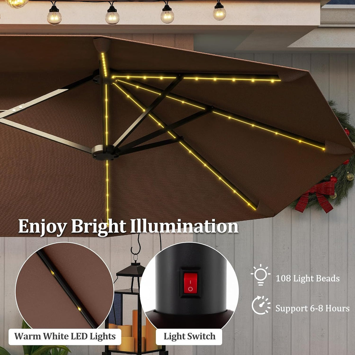 HAPPYGRILL 13 FT Extra Large Double-sided Patio Umbrella with Solar Lights