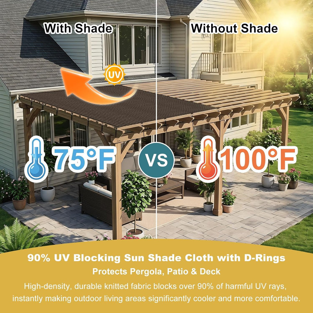Shade&Beyond 90% Sun Shade Cloth with D-Rings & Reinforced Corner Webbing, 6' x 10' UV Block Outdoor Pergola Shade Cover, Breathable Shade Fabric for for Patio, Backyard, Deck, Garden, Mocha