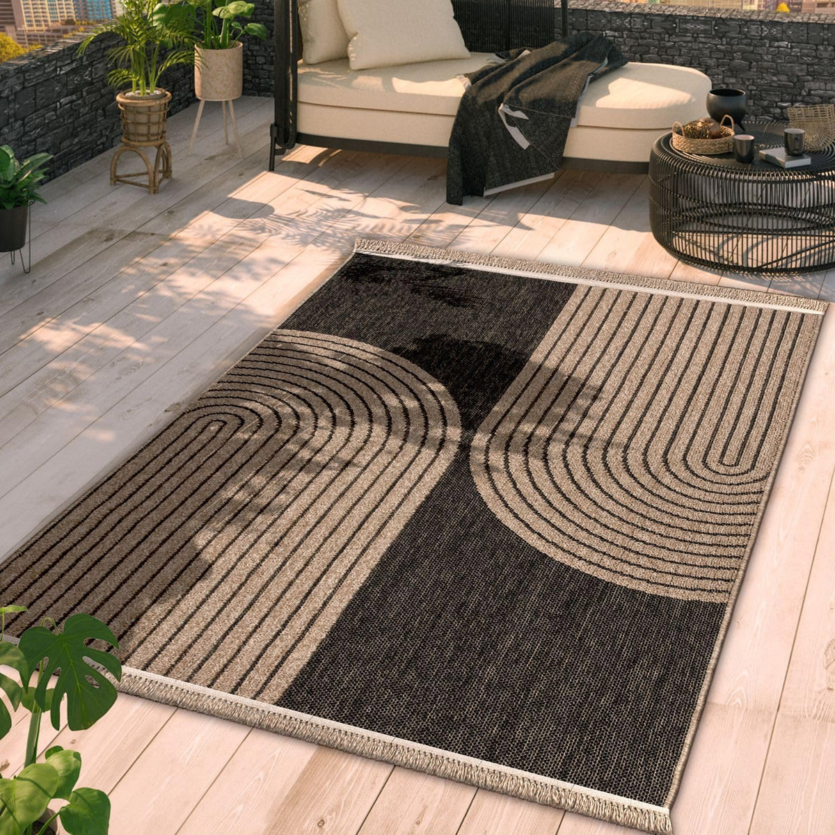Paco Home in- & Outdoor Rug Natural Look with Modern Curved Lines in Beige Black, Size: 5'3" x 7'3"