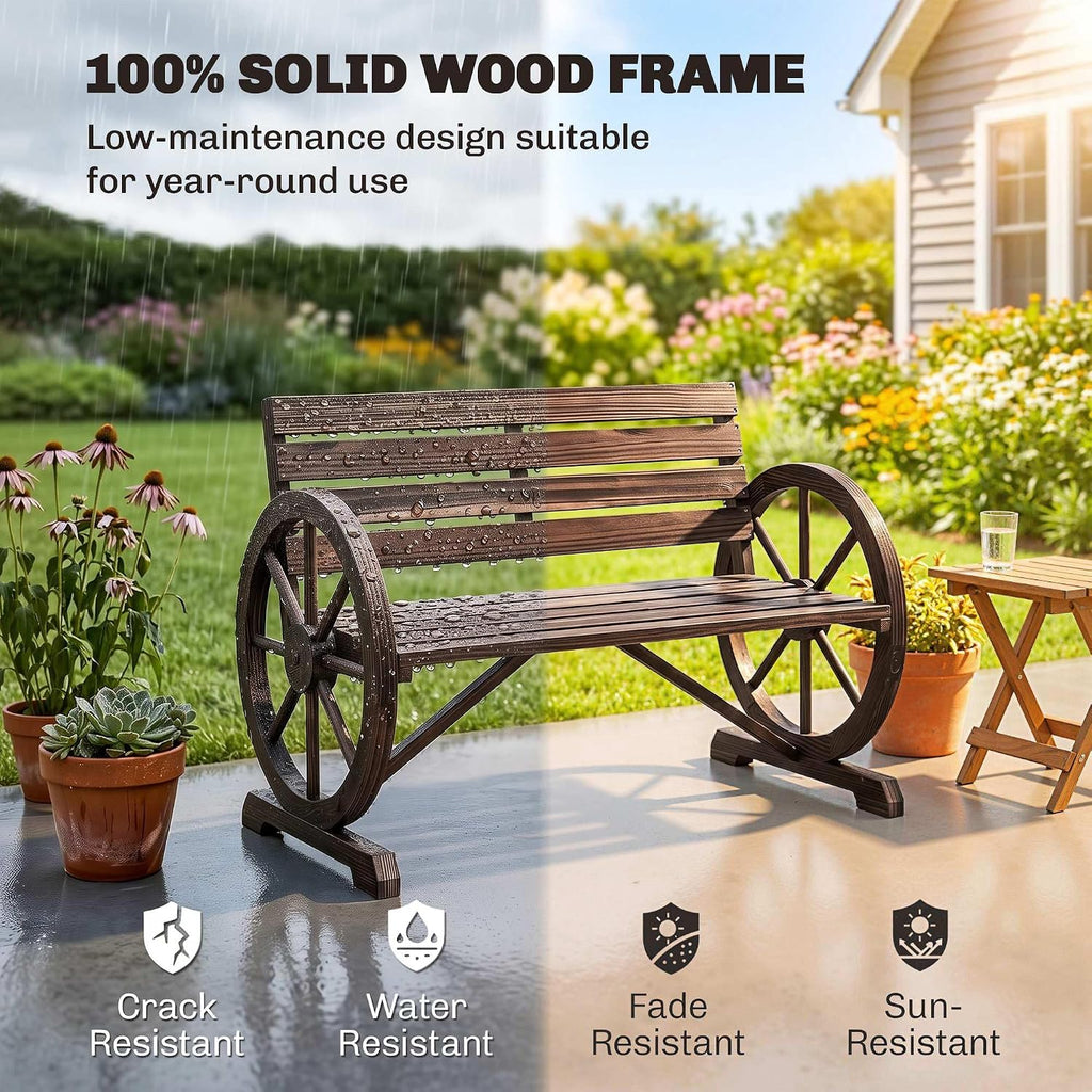 Outsunny 41" Wooden Wagon Wheel Bench Rustic Outdoor 2-Person Carbonized