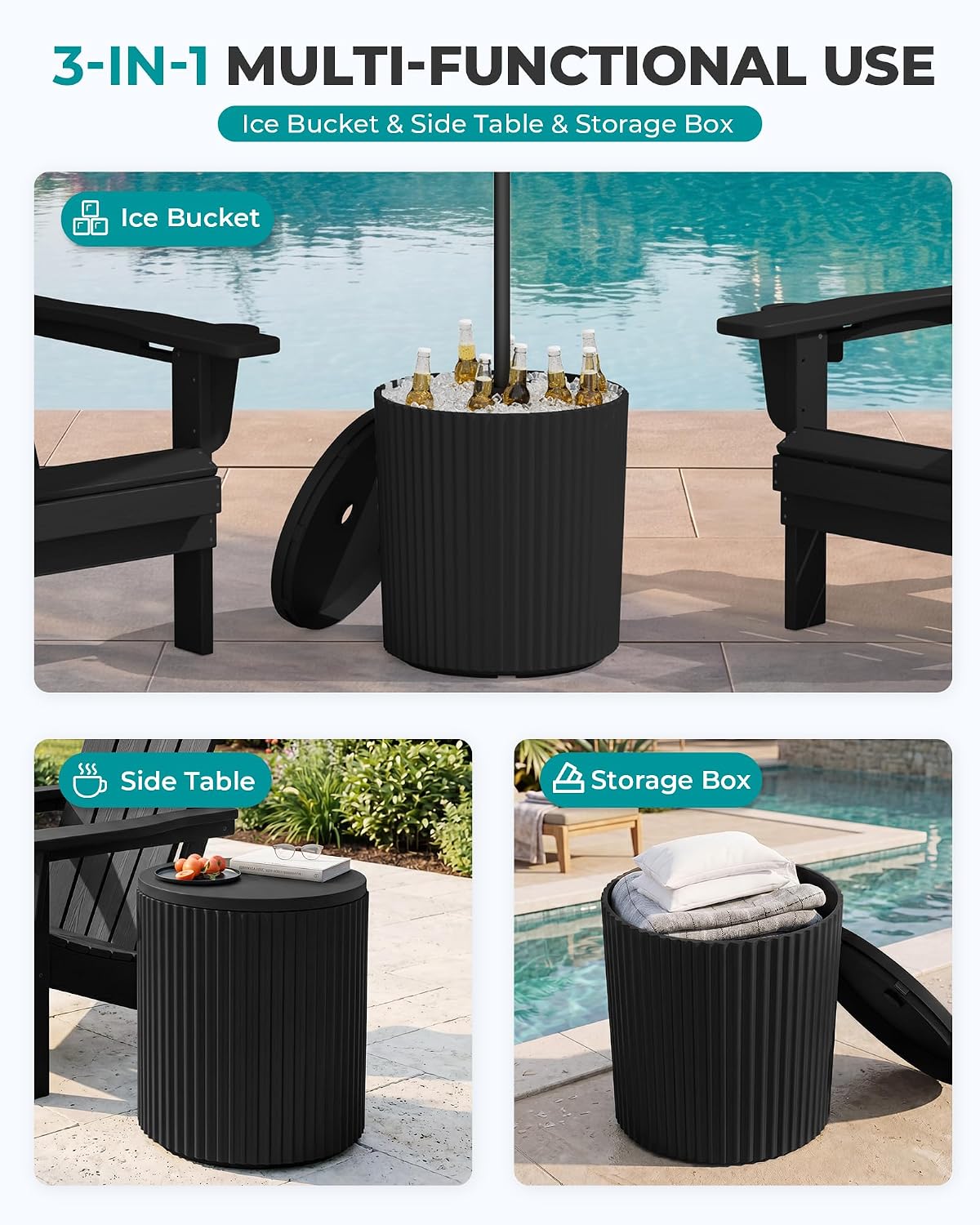 SERWALL Outdoor Round Umbrella Side Table,3-in-1 Multi-Functional Use,Black