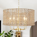 Hand-Woven Rattan Chandelier for Dining Room 18.8''Farmhouse Boho Chandeliers Light Fixture 5-Lights Gold Rattan Drum Chandeliers for Living Room Bedroom Hallway Kitchen