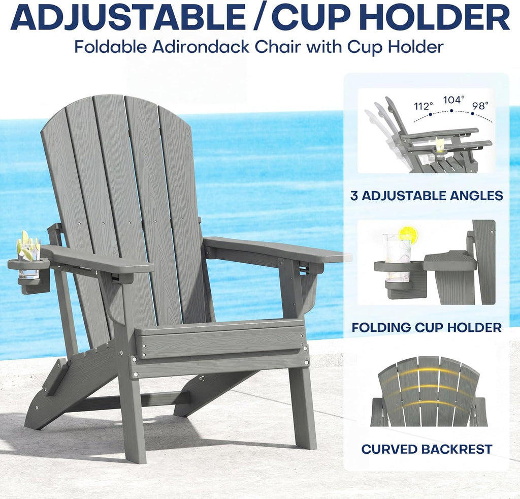 Plawdlik Folding Adirondack Chair Adjustable 3-Position Backrest, Gray