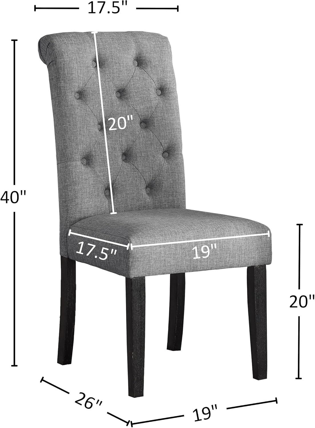 Roundhill Furniture Leviton Solid Wood Tufted Dining Chair, Set of 2, Gray