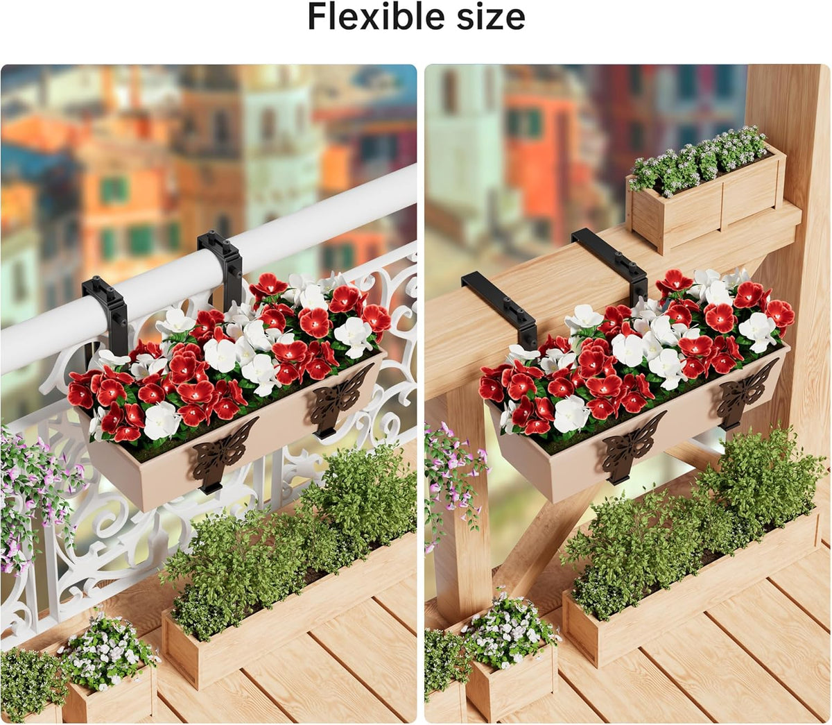 HFHOME Window Box Brackets, Adjustable Planter Box Brackets, Heavy Duty Flower Railing Planter Bracket for Balcony, with Enhanced Bottom Support, Perfect for Deck, Fence and Garden - Black (6 Pack)