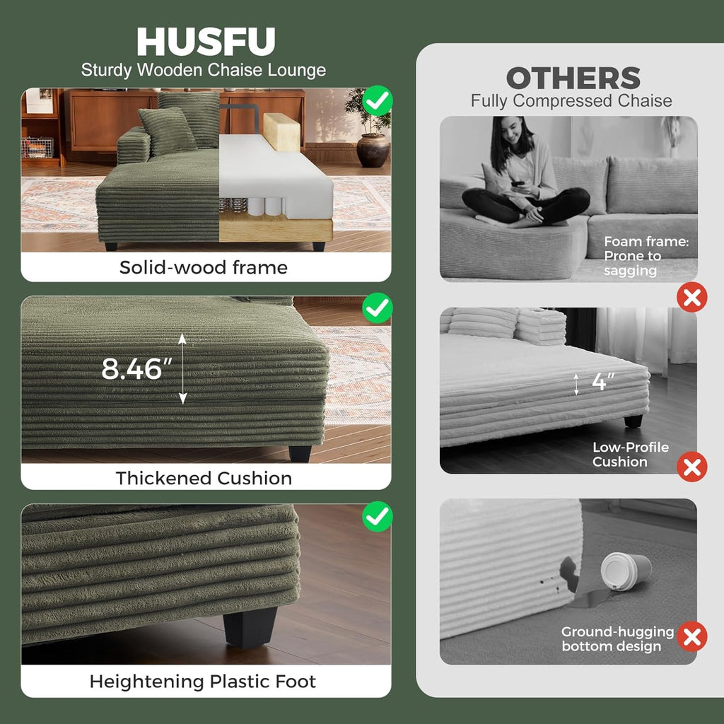 60" Oversized Chaise Lounge Chair with Wood Frame, USB Charging Port, Green