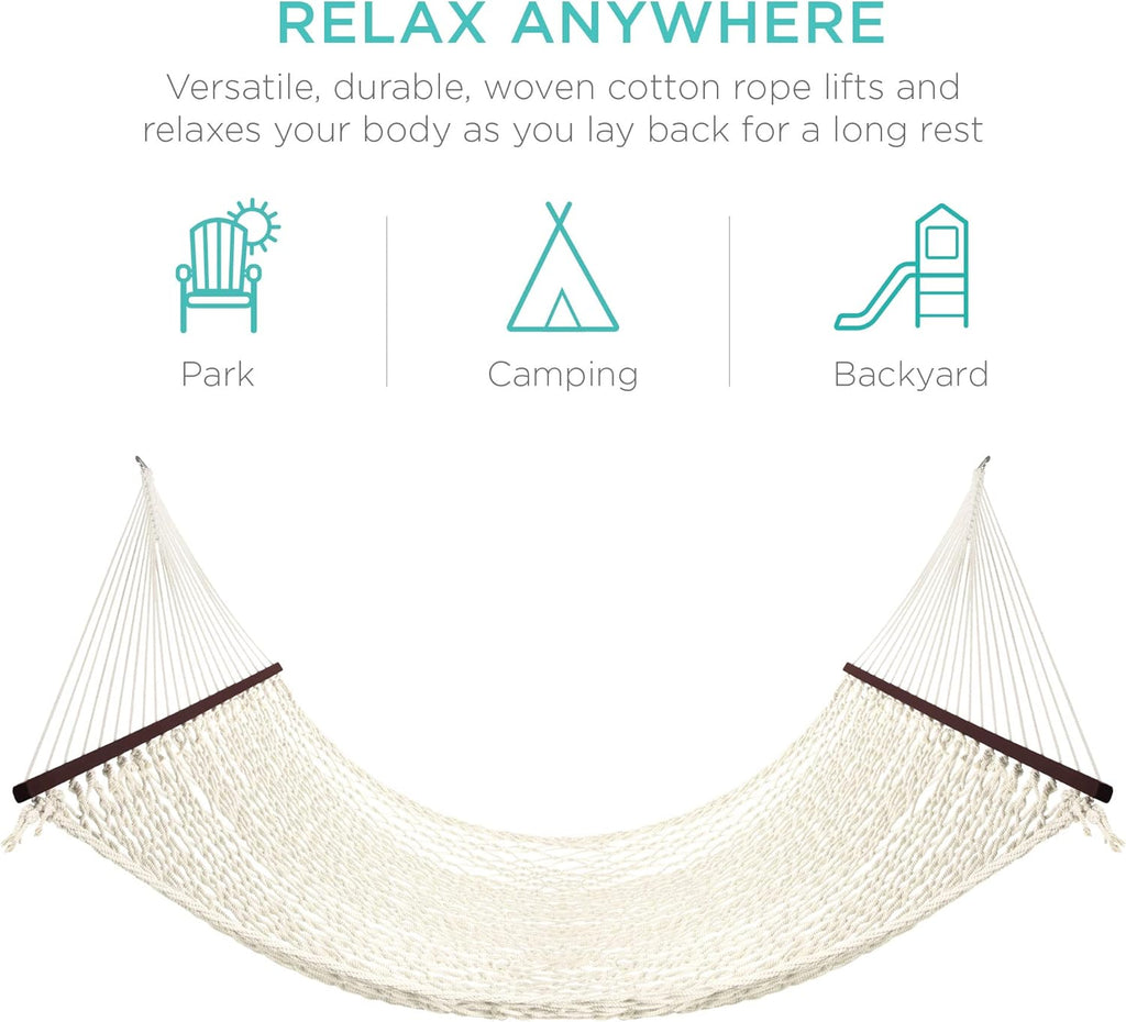 Best Choice Products 2-Person Double Hammock, Outdoor Woven Cotton Rope Hammocks for Backyard, Patio w/Spreader Bars, Carrying Case, 450lb Weight Capacity