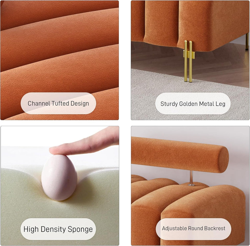 52.2" Velvet Upholstered Bench Ottoman with Adjustable Backrest, Orange