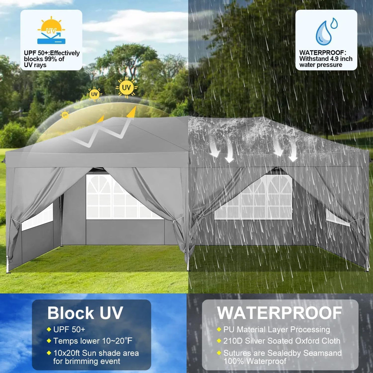 COBIZI 10x20 Pop Up Canopy with 6 Sidewalls, One Push Easy Setup, Gray
