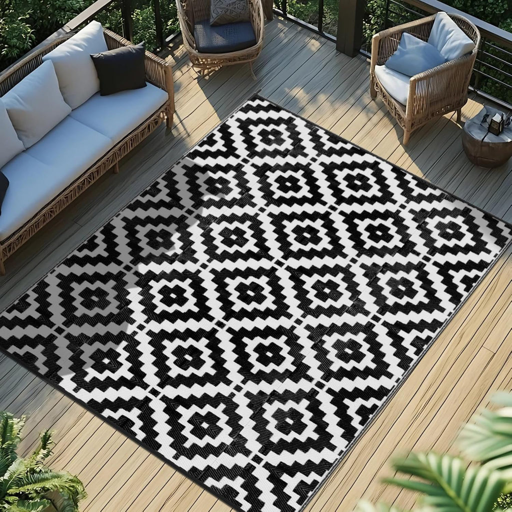 Favoyard Outdoor Rug Black & White 9x12 ft Waterproof Reversible Carpet Mat