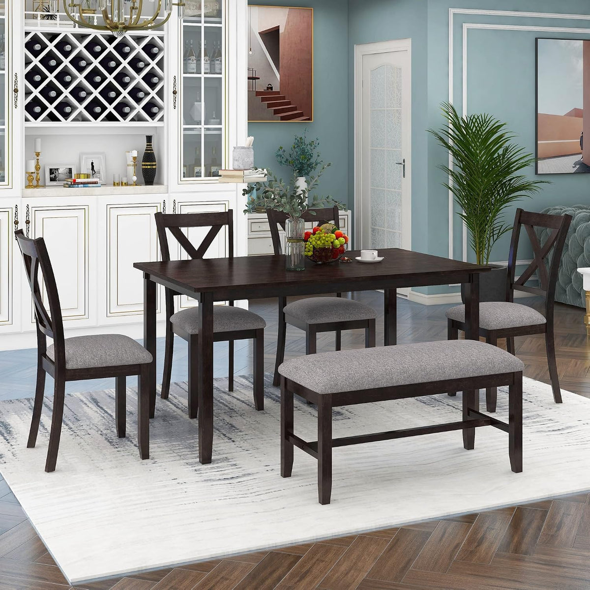 Merax 6 Piece Rustic Farmhouse Dining Table Set with Bench, Solid Wood Rectangular Kitchen Table Set with 4 Upholstered Chairs for Dining Room & Kitchen - Espresso+Gray