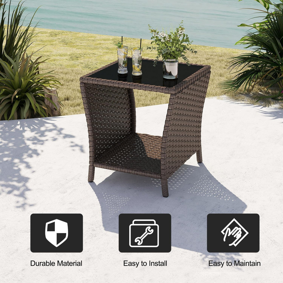 kinbor Outdoor Wicker Side Table, Tempered Glass Top & Storage Shelf, Brown