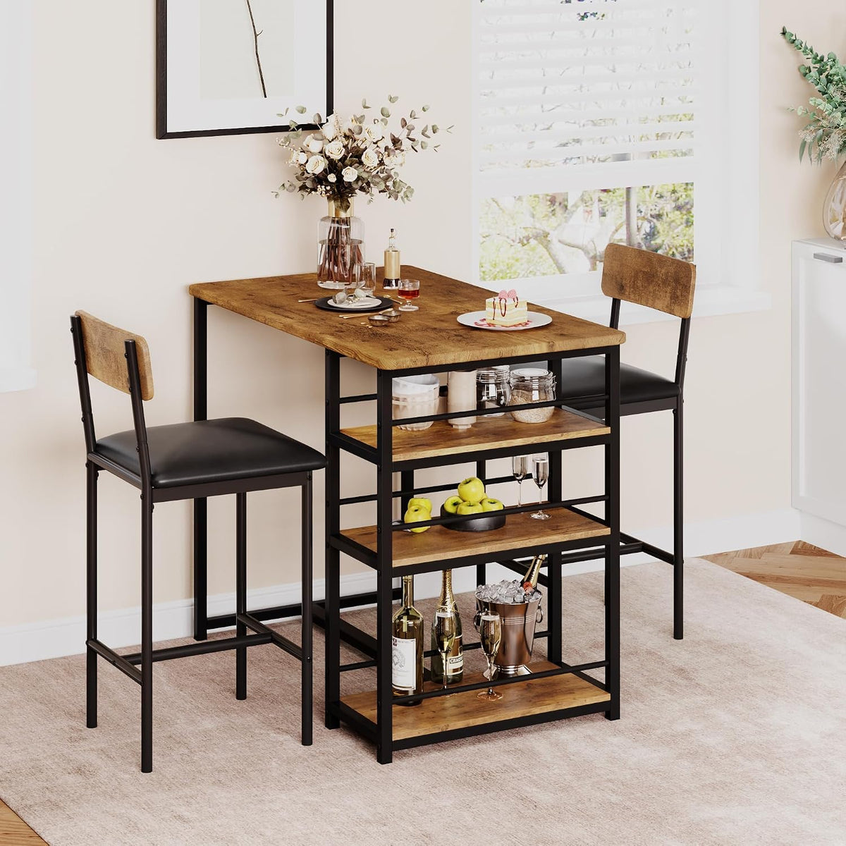 bar table and chair set with 3 shelves showing dimensions