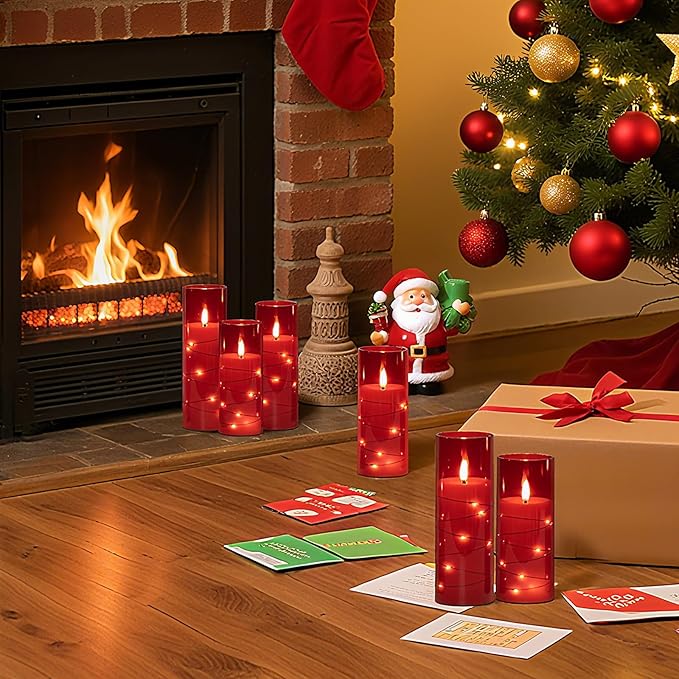 Raycare Flameless Candle with Remote Timer – 9 Flickering Acrylic Battery Operated LED Pillar Candles with Embedded Star String for Halloween, Home Decor, and as a Gift (Red) (9 Pcs)